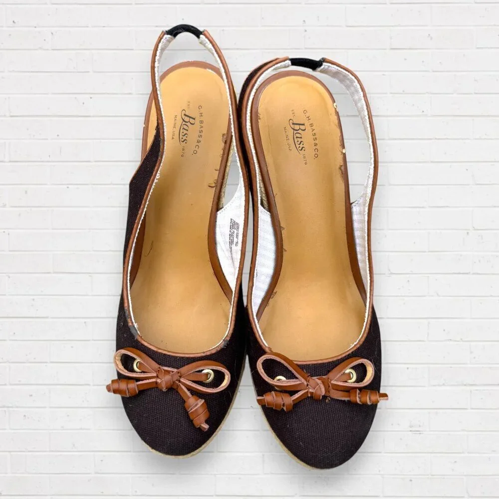 BASS Black Canvas Sling Back Kim Wedge Jute Espadrilles Heels Shoes Womens 7